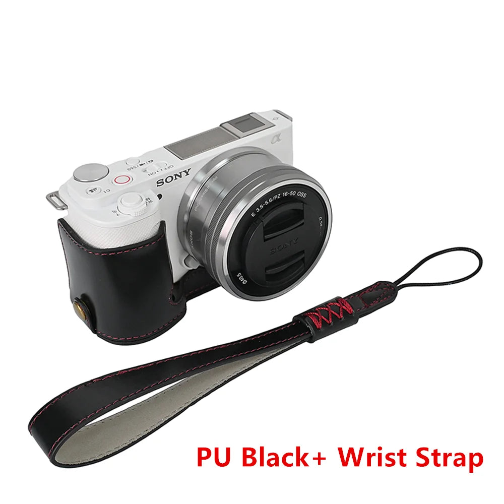 PU / Genuine Leather Camera Bag Half Base Body Case Cover Shell Protector for Sony ZV-E10 ZVE10 as Tripod Quick Plate