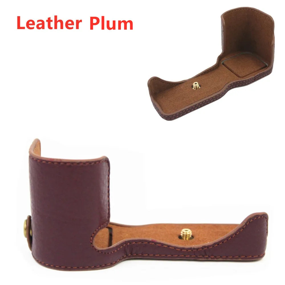 PU / Genuine Leather Camera Bag Half Base Body Case Cover Shell Protector for Sony ZV-E10 ZVE10 as Tripod Quick Plate