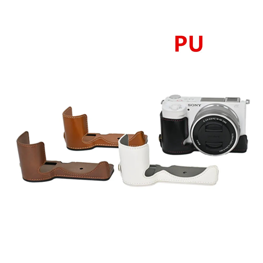 PU / Genuine Leather Camera Bag Half Base Body Case Cover Shell Protector for Sony ZV-E10 ZVE10 as Tripod Quick Plate