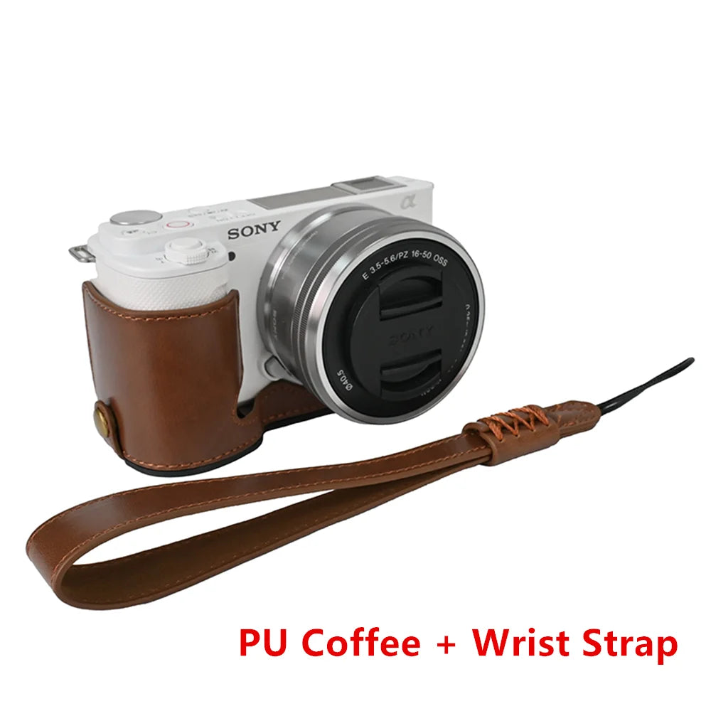 PU / Genuine Leather Camera Bag Half Base Body Case Cover Shell Protector for Sony ZV-E10 ZVE10 as Tripod Quick Plate