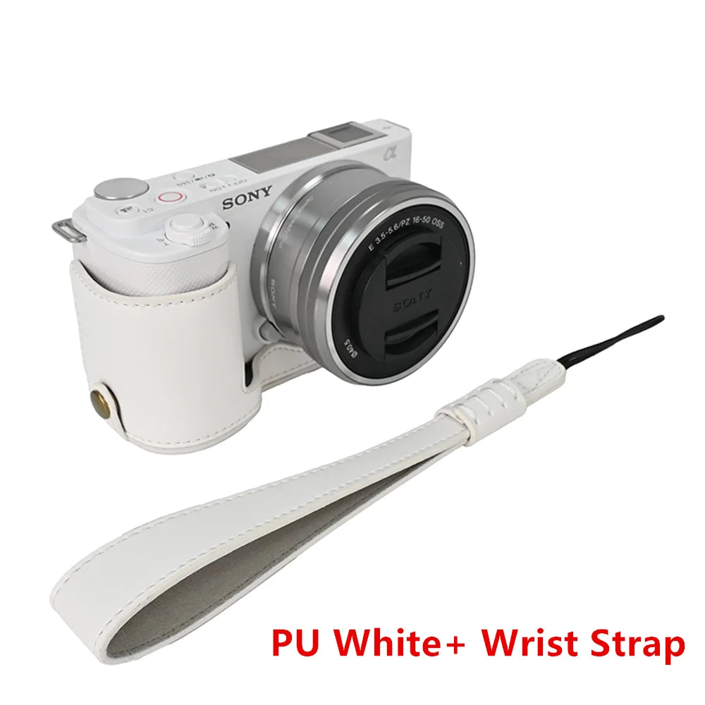 PU / Genuine Leather Camera Bag Half Base Body Case Cover Shell Protector for Sony ZV-E10 ZVE10 as Tripod Quick Plate