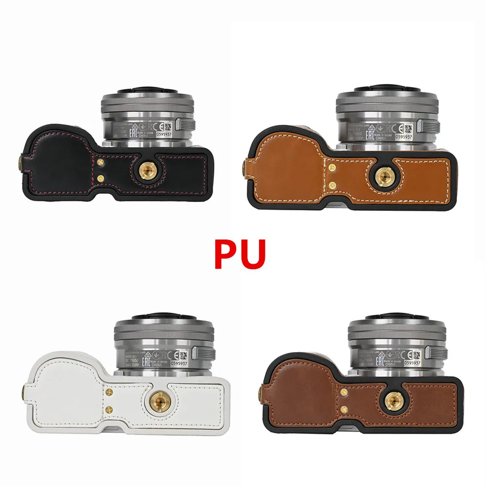 PU / Genuine Leather Camera Bag Half Base Body Case Cover Shell Protector for Sony ZV-E10 ZVE10 as Tripod Quick Plate