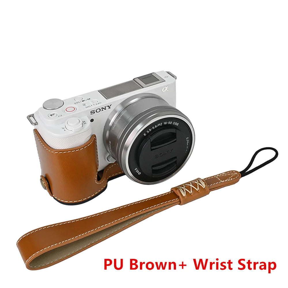 PU / Genuine Leather Camera Bag Half Base Body Case Cover Shell Protector for Sony ZV-E10 ZVE10 as Tripod Quick Plate