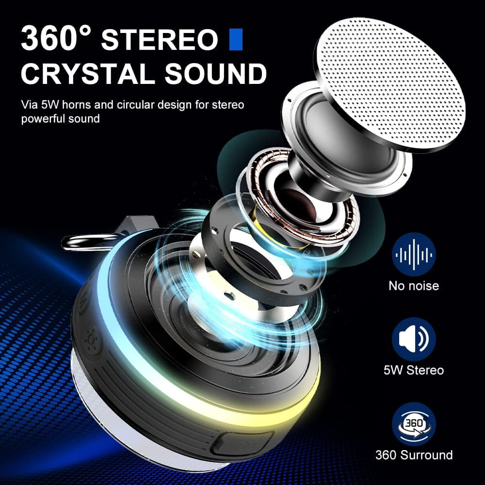 Bluetooth Shower Speaker, Portable Speaker with Subwoofer, IPX7 Waterproof Wireless Speaker, Mini Speaker Stereo with Suction Cups Hook for Beaches, Hiking, Camping, Swimming, Pool Parties