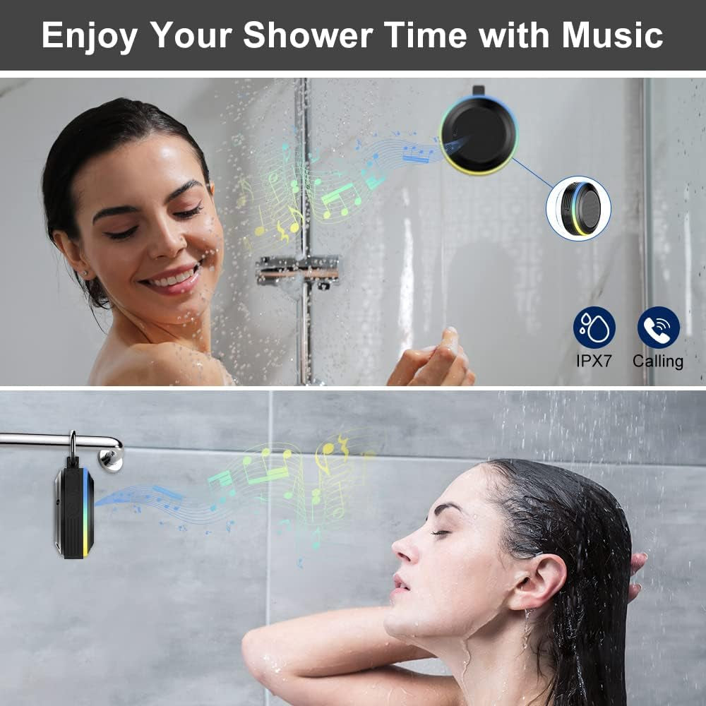 Bluetooth Shower Speaker, Portable Speaker with Subwoofer, IPX7 Waterproof Wireless Speaker, Mini Speaker Stereo with Suction Cups Hook for Beaches, Hiking, Camping, Swimming, Pool Parties