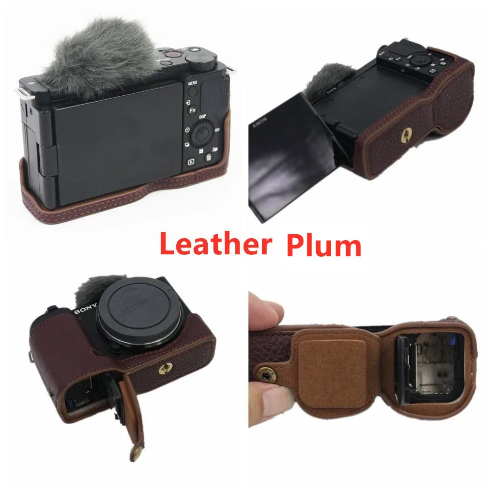 PU / Genuine Leather Camera Bag Half Base Body Case Cover Shell Protector for Sony ZV-E10 ZVE10 as Tripod Quick Plate
