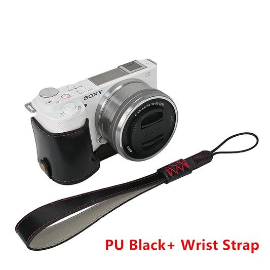 PU / Genuine Leather Camera Bag Half Base Body Case Cover Shell Protector for Sony ZV-E10 ZVE10 as Tripod Quick Plate