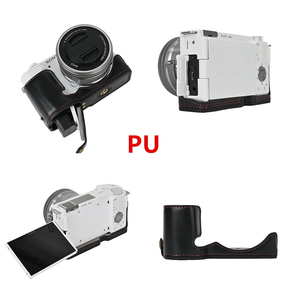 PU / Genuine Leather Camera Bag Half Base Body Case Cover Shell Protector for Sony ZV-E10 ZVE10 as Tripod Quick Plate